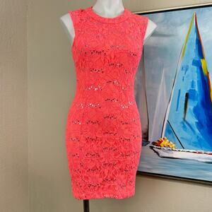 City Studio Cocktail Dress Bright coral silver sequins size 5 NWT